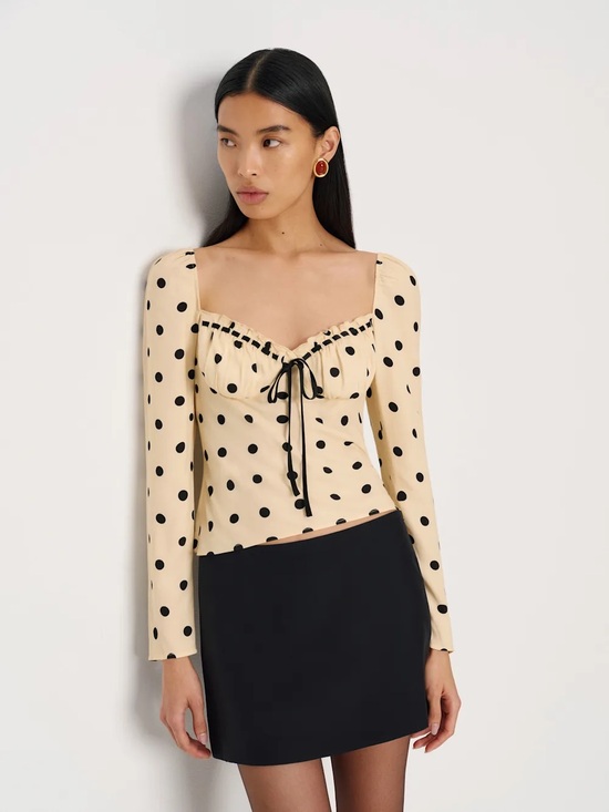 Reformation Tops - Reformation Beige Polka Dot Tie-Front Long Sleeve Top
